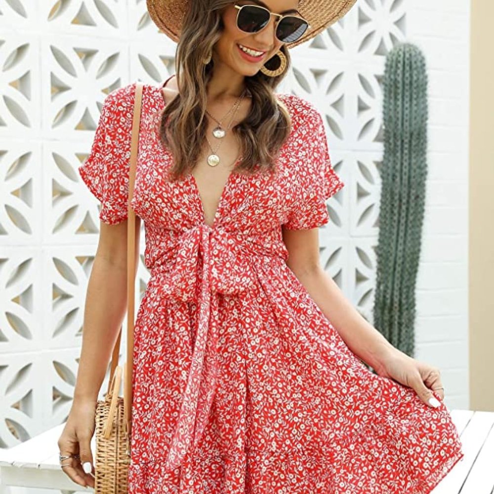 Floerns Women's Ditsy Floral Plunge Neck Knot Front A Line Short Dress